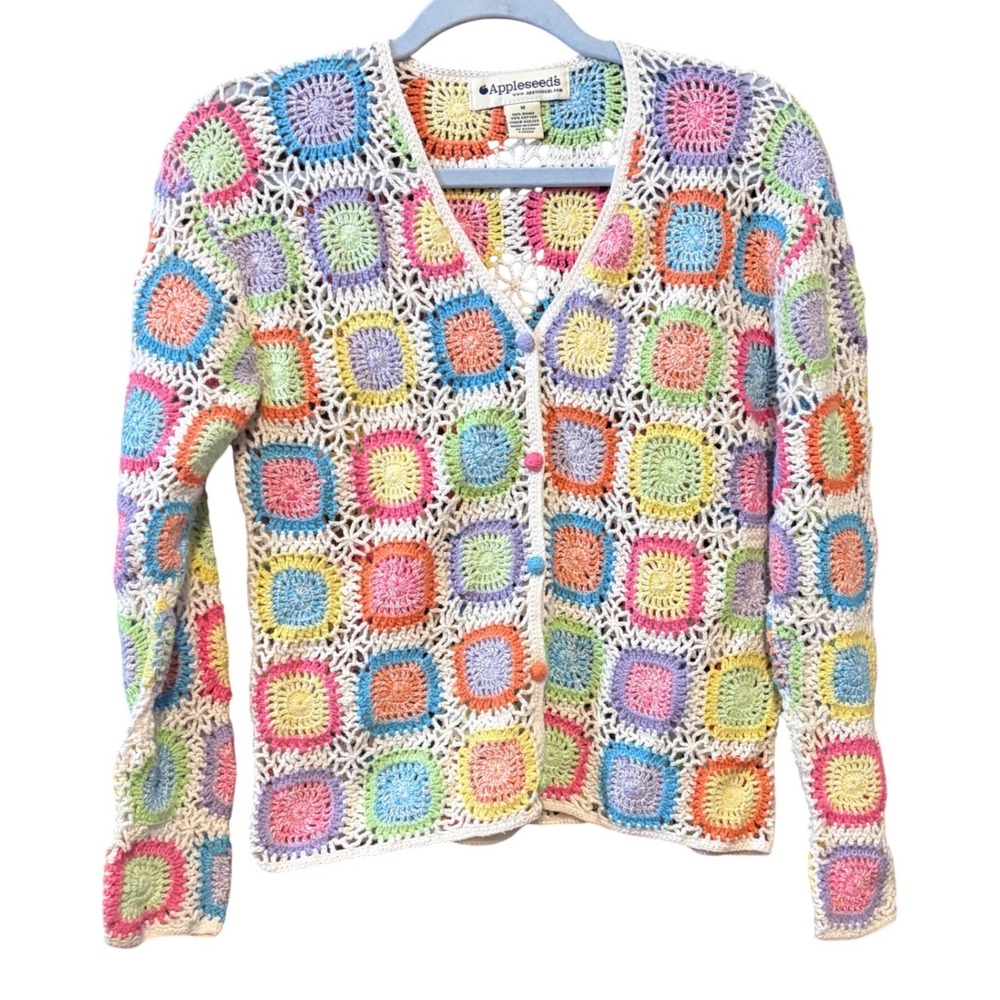 Appleseeds Vintage Crochet Granny Square Cardigan Sweater Multicolor V-Neck M
